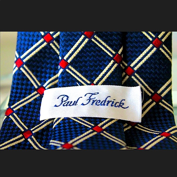PAUL FREDRICK MENS TIE NAVY CREAM SILK VINTAGE - Picture 7 of 8